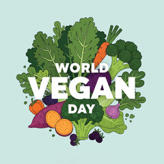 Flat lay illustration of various colorful vegetables with the text 'World Vegan Day' in bold white letters on a light blue background, celebrating plant-based eating.
