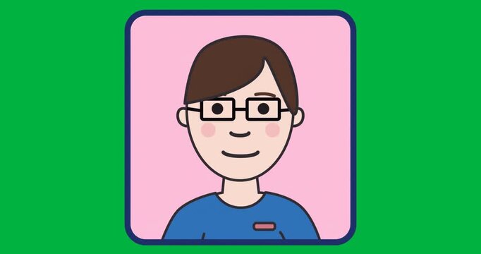 avatar appearing in design frame, showing glasses and badge on transparent background