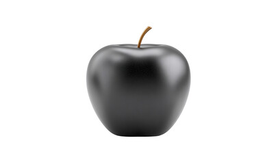 A glossy black apple with a brown stem, showcasing its unique appearance.