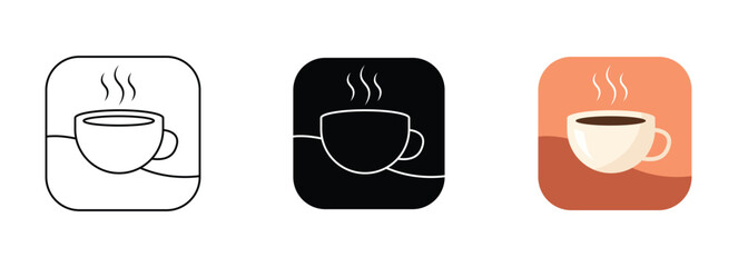 Coffee Cup Icon Set – Hot Beverage Illustration in Line Art, Solid Glyph, and Flat Color Style with Steam