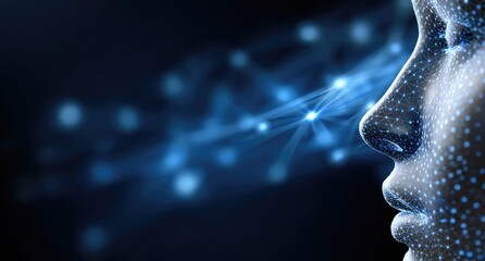 A digital representation of a human face with a network of glowing lines, symbolizing technology and artificial intelligence.