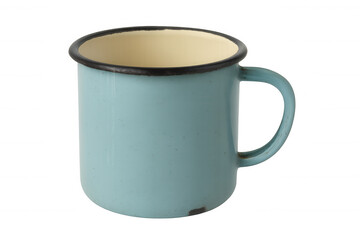 Aqua blue vintage enamel mug with black rim for camping and outdoor activities, transparent background