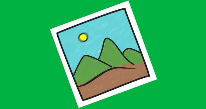 graphic designers showcasing cartoon mountains under moon in tilted frame on transparent backdrop