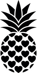 Minimalist black and white pineapple silhouette with heart shapes and leafy crown design vector