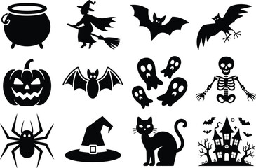 Halloween Silhouette Icon Set Featuring Witch, Ghost, Skeleton, Bat, Pumpkin, Haunted House, Cat, Cauldron, and Spider Graphics