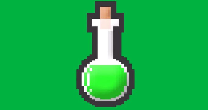 Pixel-art style flask glowing with vivid green potion on transparent backdrop, showing tech concept
