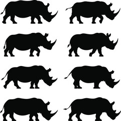 Rhinoceros Silhouettes in Varied Poses for Wildlife Comparison, Animal Anatomy Study, Nature Design, Conservation, and Biological Illustration