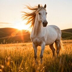 Obraz premium White Horse in Golden Field at Sunset