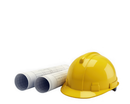 Construction concept, building drawing blueprints grid and yellow hard hat Isolated on white and transparent background