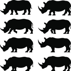 Silhouettes of Rhinoceroses in Varied Poses for Wildlife Design, Animal Comparison, Nature Illustration, Conservation, and Biological Representation