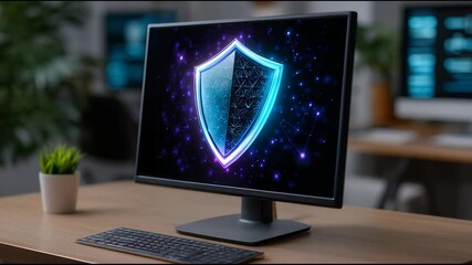 Cybersecurity protection for digital data security, featuring glowing shield on computer screen. This modern network technology showcases antivirus and firewall software for internet safety - Powered by Adobe