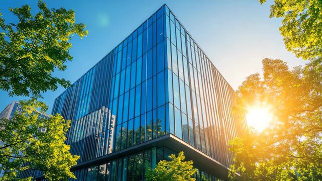 A large building with a lot of windows and a tree in front of it. The sun is shining on the building. A modern office building with a sleek glass facade reflection