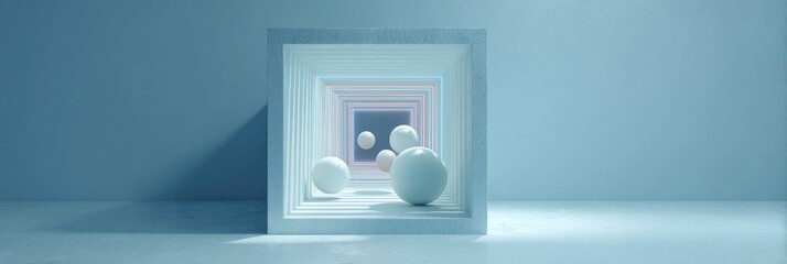 Light-blue minimalist scene with nested boxes and spheres