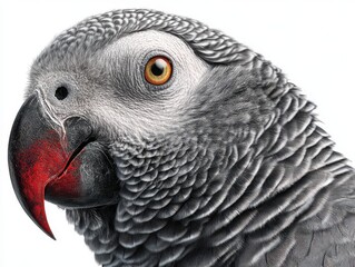 Fototapeta premium Close-up portrait of an African Grey Parrot, detailed feathers, intense gaze, white background, studio shot.