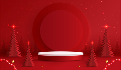 Podium shape for show cosmetic product display for christmas day or new years. Stand product showcase on red background with lighting christmas. vector design.
