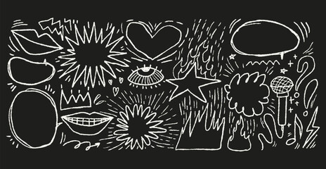 Punk music pop doodles. Crayon sketchy scribbles. Funky graffiti stickers. Stars, lips, eyes, hearts, flames, speech bubbles,  symbols with rough textures.