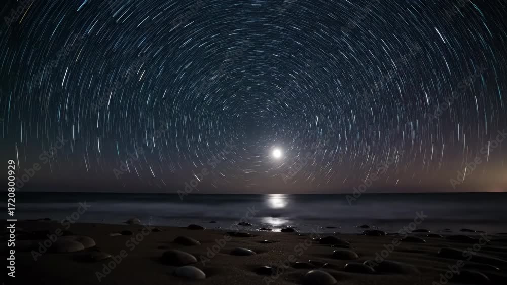 Canvas Prints astrophotography timelapse showing the stunning rotation of stars and moon over a desolate, dark sho
