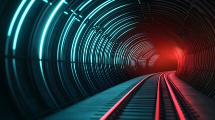 Naklejka premium The image shows a tunnel with railroad tracks stretching into the distance, illuminated by contrasting blue and red lighting, creating a futuristic and slightly eerie atmosphere.