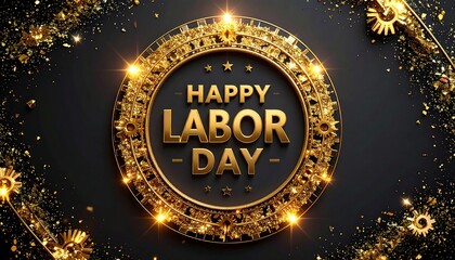 Gold-embossed "Happy Labor Day" text within a circular frame, set against a dark background with glittering gold confetti and mechanical elements