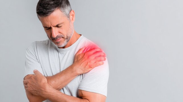 A middle-aged man is holding his shoulder with a pained expression while standing indoors. He is wearing a simple t-shirt and is surrounded by a plain background, indicating discomfort.