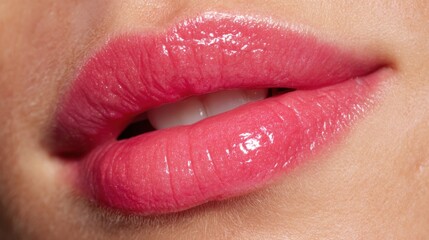 Obraz premium Close-up view illustrates smooth, glossy pink lips accentuated with makeup, reflecting current beauty trends. The soft shade adds vibrancy and charm to the overall look.