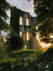 Naklejka premium Abandoned ruins of an ancient medieval stone castle or tower, covered with moss and overgrown with ivy, a mysterious view of a ruined palace, romantic castlecore style, AI-generated