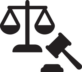 Silhouette justice scales with gavel icon representing law, balance, court, judgment, and authority.