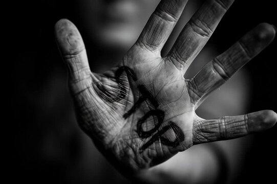 female a black and white photo of female open hand with the word "STOP" written with black sharpie on the inside of the palm. dark gray background.