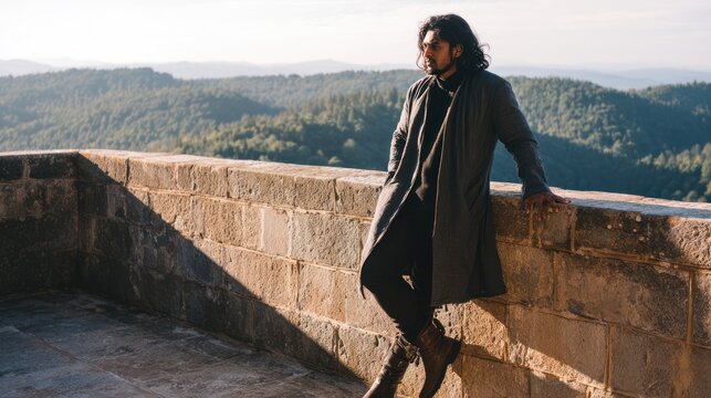 A portrait of a man in against the backdrop of a stone ancient castle or tower, a fashionable photoshoot in romantic and mysterious castlecore style, AI generated