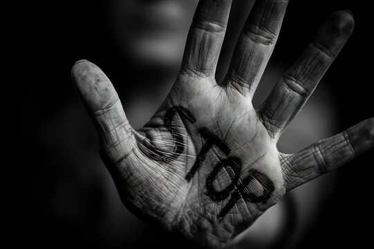 female a black and white photo of female open hand with the word "STOP" written with black sharpie on the inside of the palm. dark gray background.
