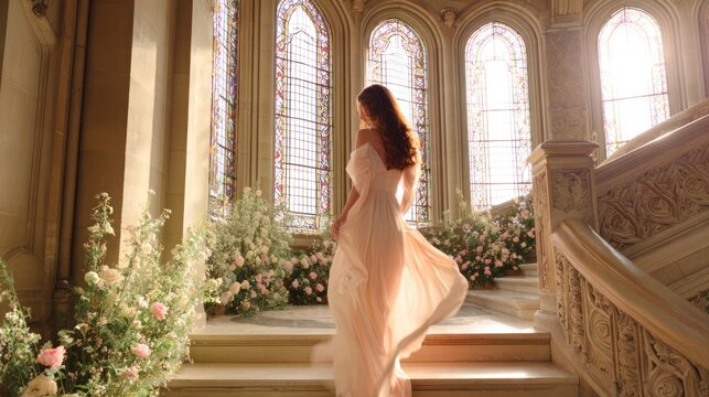 A young woman against the backdrop of an old castle or palace, in a romantic castlecore style, dressed in a medieval-inspired historical outfit, AI-generated photo