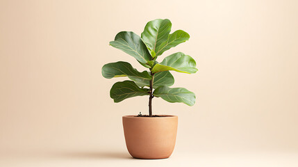 Obraz premium A single fiddle leaf fig plant in a terracotta pot against a soft neutral background