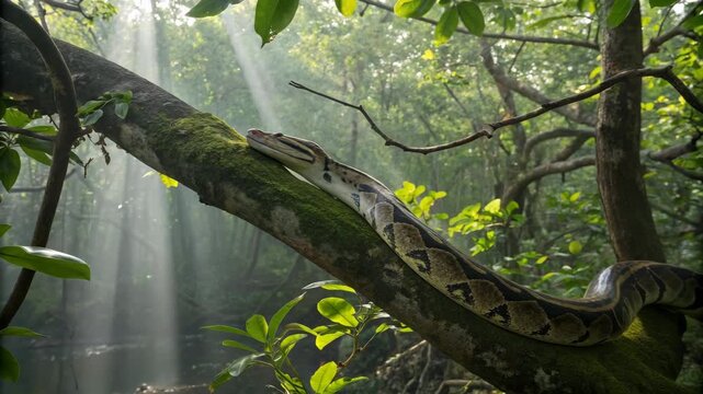 Reticulated Python resting on mossy tree branch in sun dappled rainforest