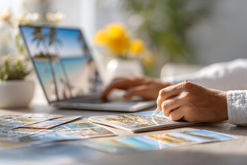 Travel agent booking tropical vacations at a cozy workspace Generative AI