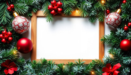 Decorative holiday frame with red bows, flowers, and ornaments for festive celebrations