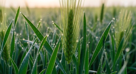 Fototapeta premium Experience the fresh morning dew glistening on vibrant green wheat stalks, a stunning landscape showcasing nature's beauty and agricultural growth