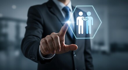 A professional man's hand interacts with a digital icon symbolizing a high-tech business partnership