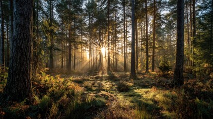 Obraz premium Sunlight breaks through the canopy of tall trees in a tranquil forest, illuminating the underbrush with a warm golden glow as morning light emerges.