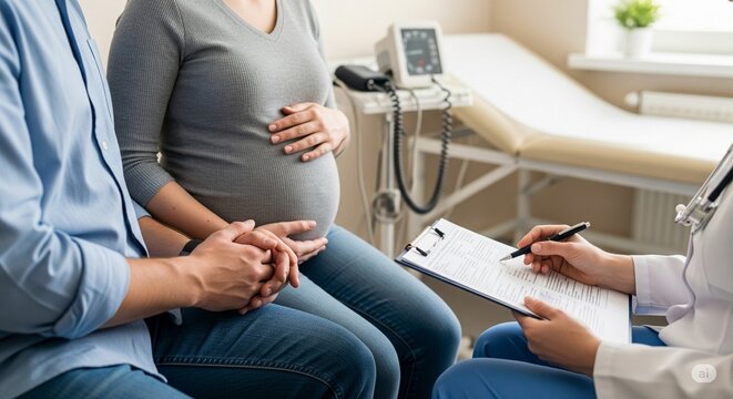 Pregnant Couple at Doctor's Office for Prenatal Consultation