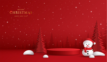 Podium shape for show cosmetic product display for christmas day or new years. Stand product showcase on red background with lighting christmas. vector design.