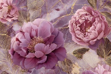 Delicate, detailed floral design in shades of mauve and gold, with intricate leaves and a marbled background, evokes a luxurious and elegant aesthetic.