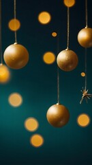 Adornos navide&ntilde;os dorados colgantes sobre fondo azul oscuro con luces desenfocadas en ambiente festivo elegante