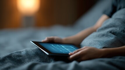 Person Using Tablet to View Digital Data in Cozy Bedroom Setting