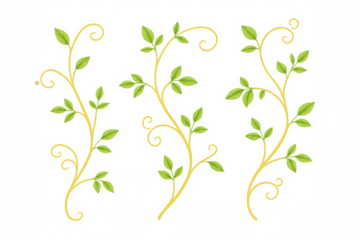 Green leaves on winding golden vines set, decorative botanical design element, growing branches, transparent background