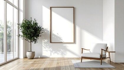 Interior minimalista luminoso con sillón de diseño escandinavo, planta decorativa y marco vacío en pared blanca