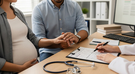 Pregnant Couple at Doctor's Office for Prenatal Consultation