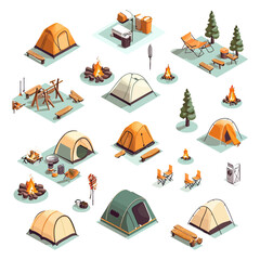 Isometric camping vector set with tents campfires outdoor gear folding chairs backpacks trees and cooking equipment isolated on white background