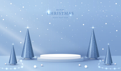 Podium shape for show cosmetic product display for christmas day or new years. Stand product showcase on red background with lighting christmas. vector design.