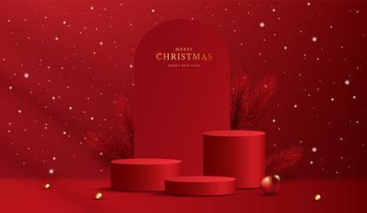 Podium shape for show cosmetic product display for christmas day or new years. Stand product showcase on red background with lighting christmas. vector design.