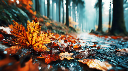 Obraz premium Autumn Forest Wet Trail, Natural Landscape with Interwoven Colorful Fallen Leaves and Morning Light